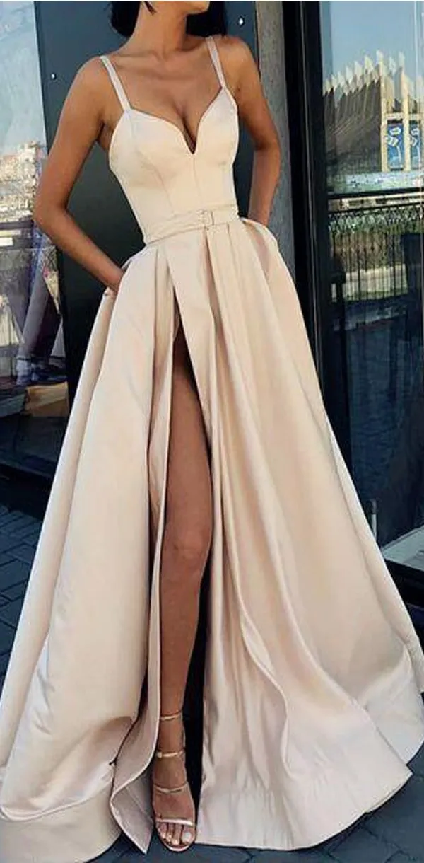 A-Line Formal Custom Spaghetti Straps Long Side-slit Prom Dress, PD0943