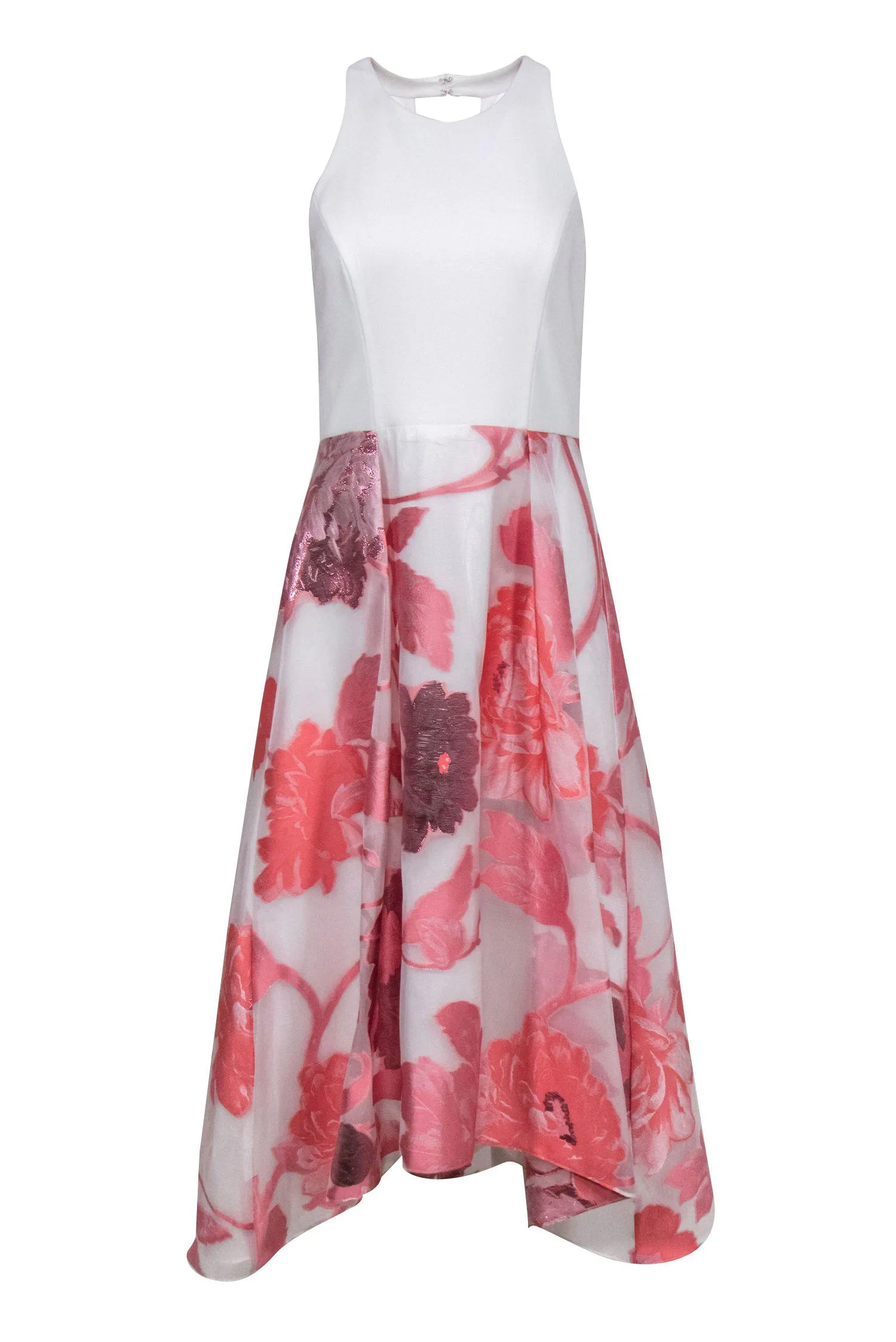 Adrianna Papell - White High-Low Dress w/ Pink Floral Print Organza Skirt Sz 10