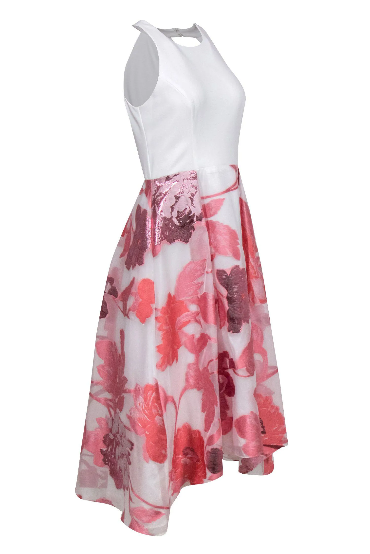 Adrianna Papell - White High-Low Dress w/ Pink Floral Print Organza Skirt Sz 10