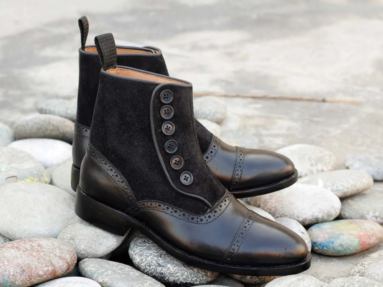 Awesome Handmade Men's Black Leather Suede Cap Toe Button Boots, Men Ankle Fashion Boots