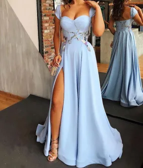 Blue sweetheart neck satin long prom dress, blue evening dress