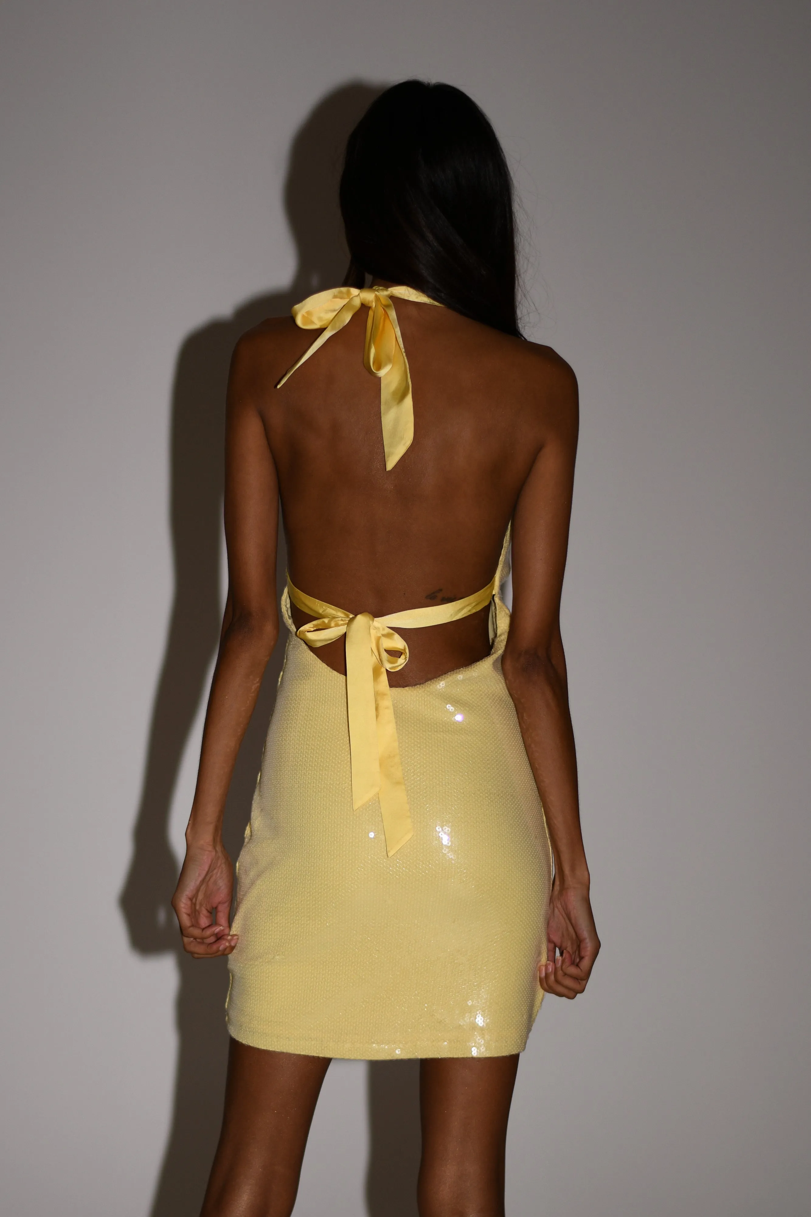 Carleigh Sequin Halter Mini Dress - Lemon