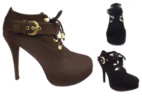 Lace Up High Heel Suede Booties