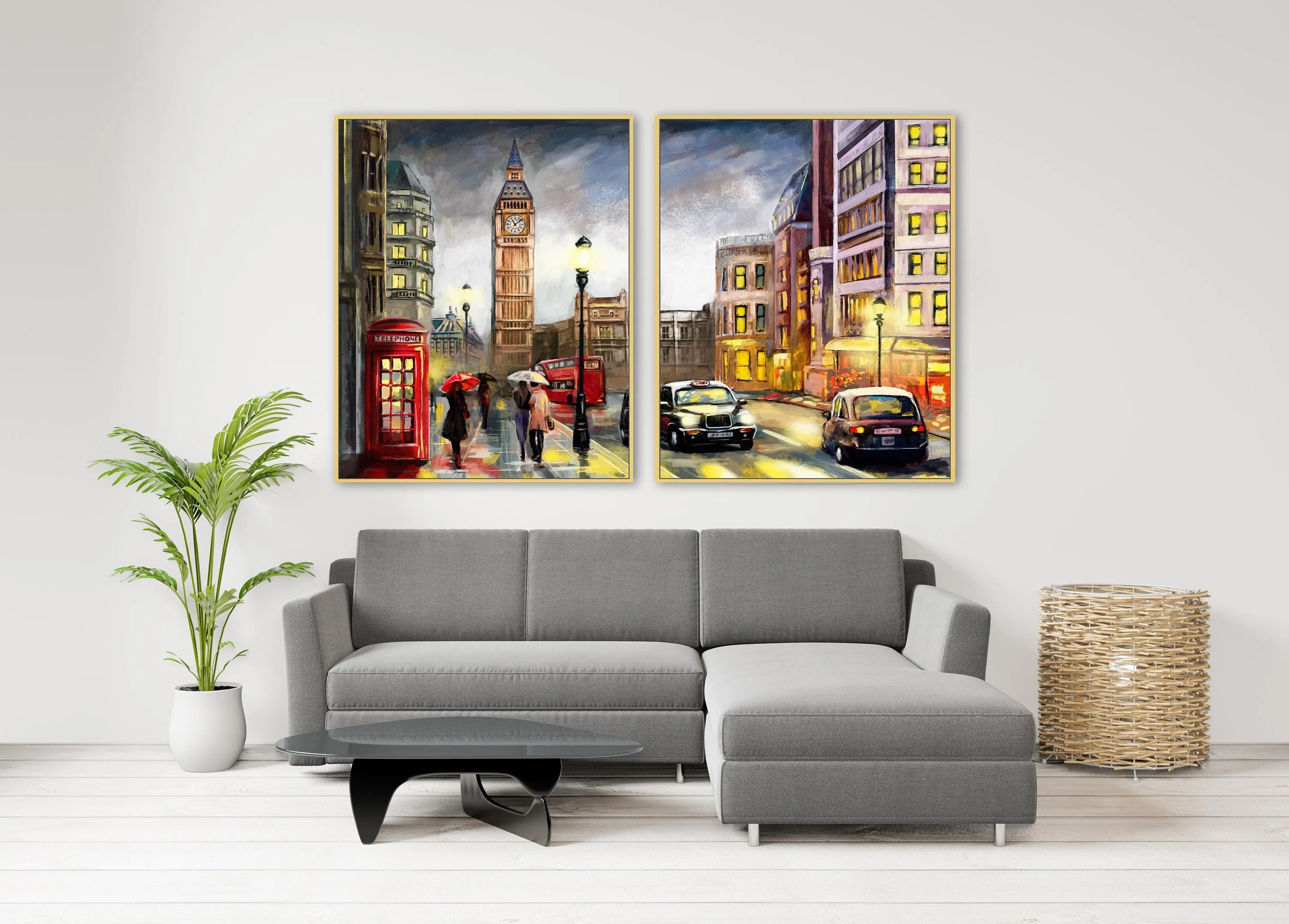 London framed wall art, Big Ban floater frame print on canvas, large cityscape printable wall hangin decor, golden frame city canvas print