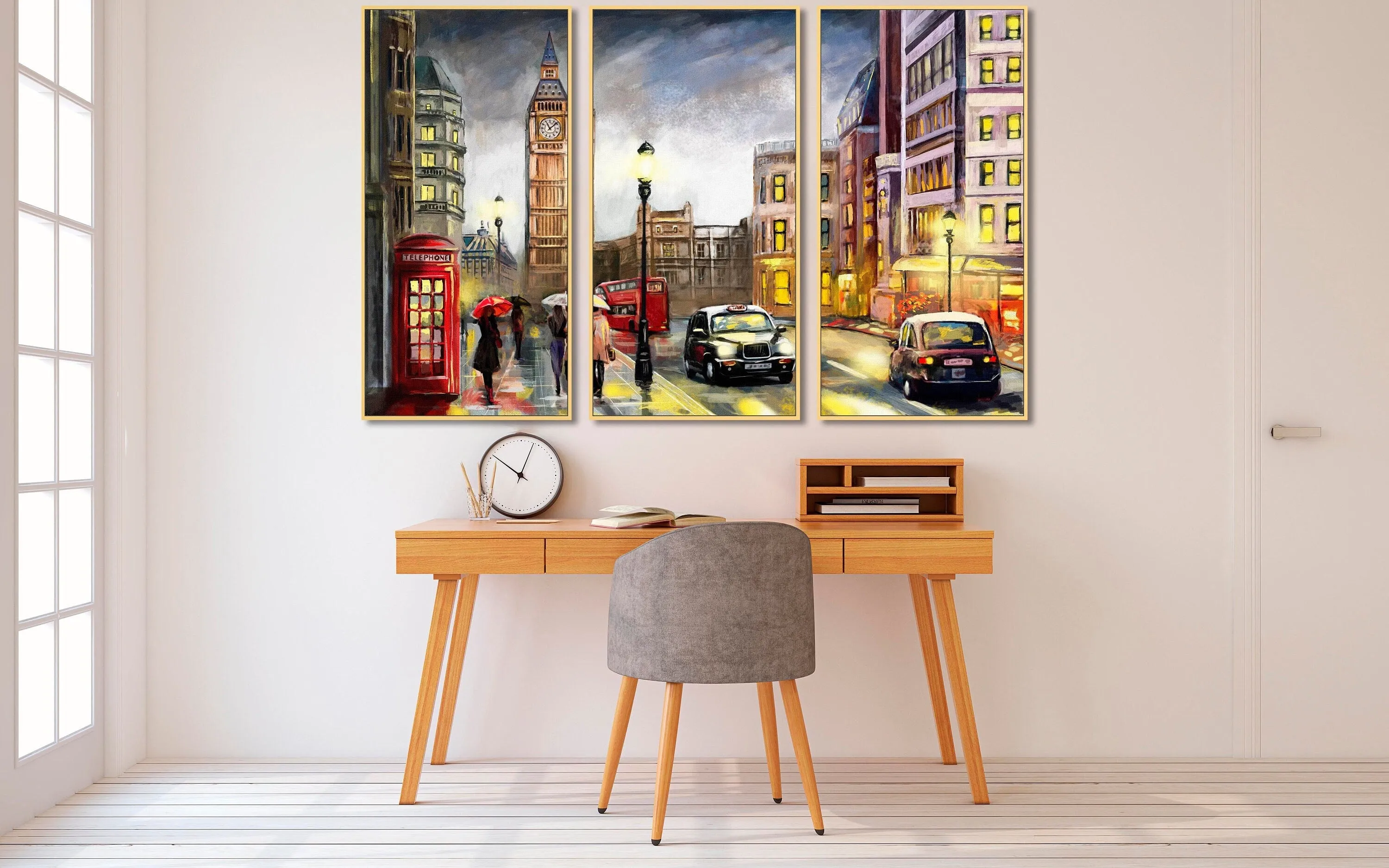 London framed wall art, Big Ban floater frame print on canvas, large cityscape printable wall hangin decor, golden frame city canvas print